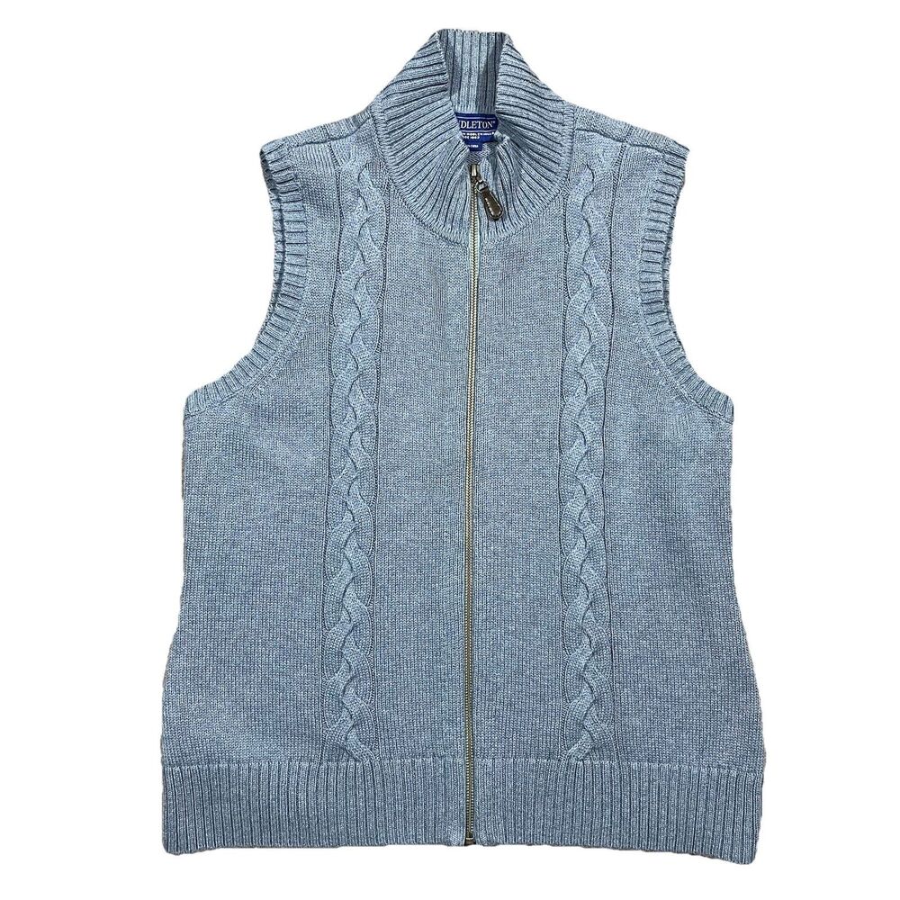 Pendleton Women's Petite XL Cable Knit Zip Front Sweater Vest Blue Cotton